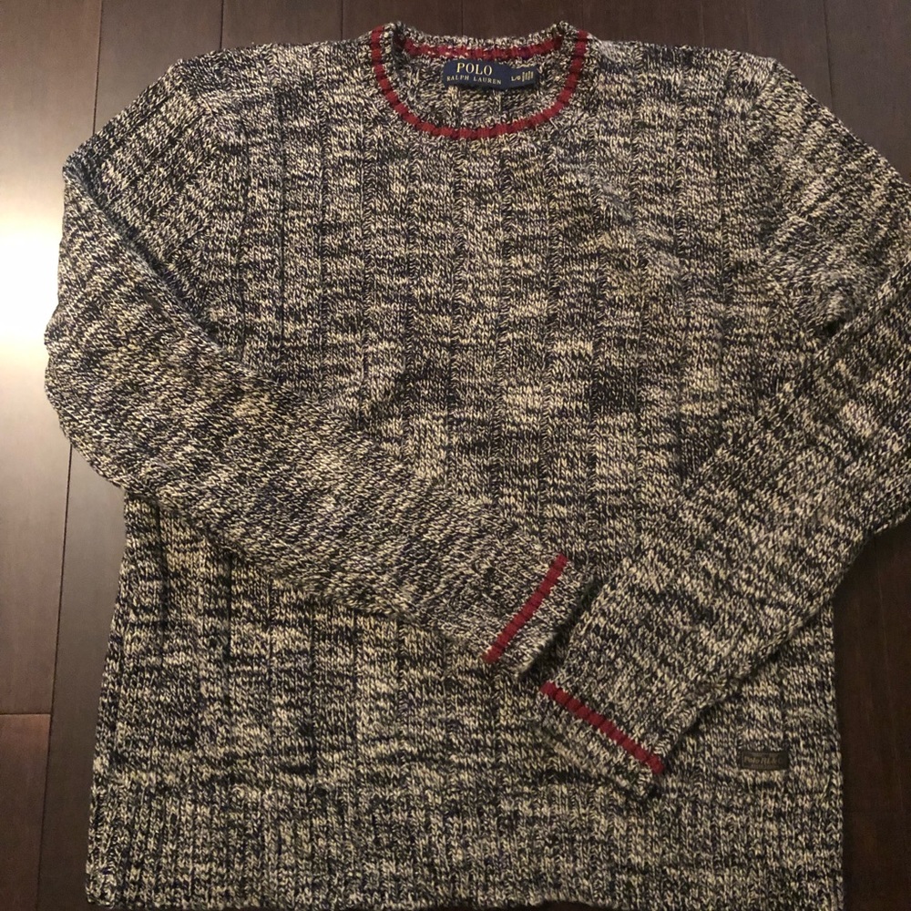 Men’s Polo Crewneck Cable knit sweater. Black/White Marled.